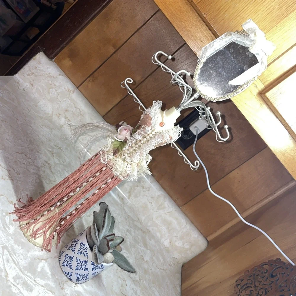 Victorian styled jewelry stand, mirror hooks‎ pink feathers beads lace ruffle